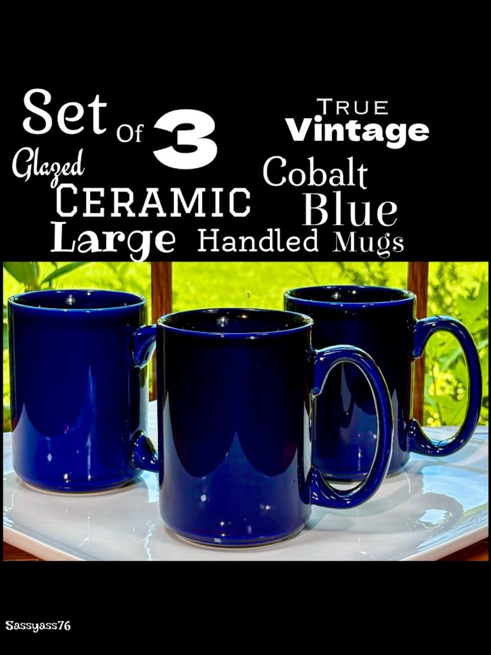 🆕VTG▪️ 1990's Set of 3 Glazed Ceramic Cobalt Blue Large Handled Mugs